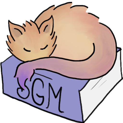 Cat sleeping on a book with the initials "SGM" on the spine.
