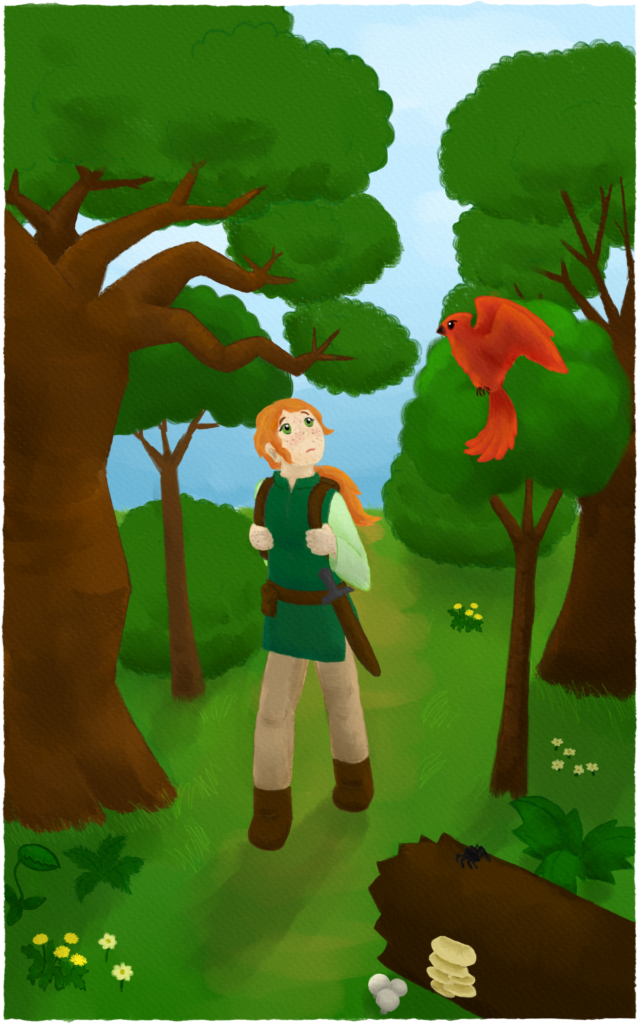 Digital cover art for Novel #1. Depicts a girl with a backpack and a sword on her belt venturing into the woods. She's looking over, uncertain but curious, at a bright red bird.
