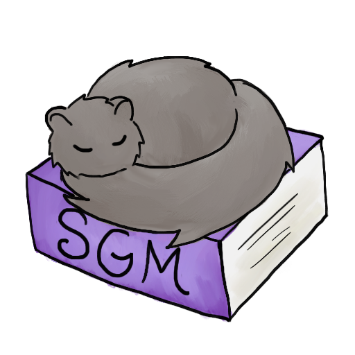 Grey fuzzy creature sleeping on a book with the initials "SGM" on the spine.